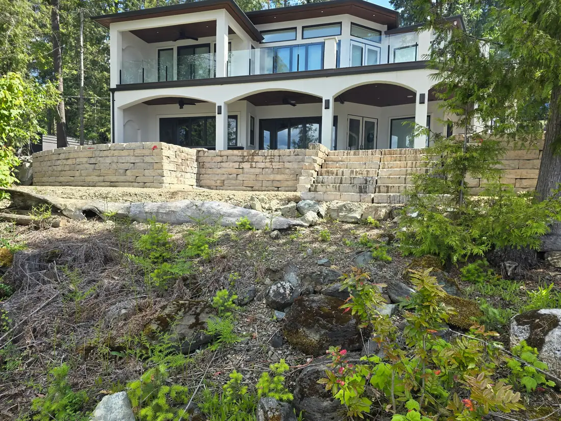 Natural quarried stone block retaining wall on a lakefront lot, Shuswap BC